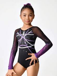 Tween Girls Gymnastics Leotard, Professional Sports Gymnastics & Dance Bodysuit, High Elasticity Breathable Purple Sparkling Pattern With Rhinestones - Black - View 1