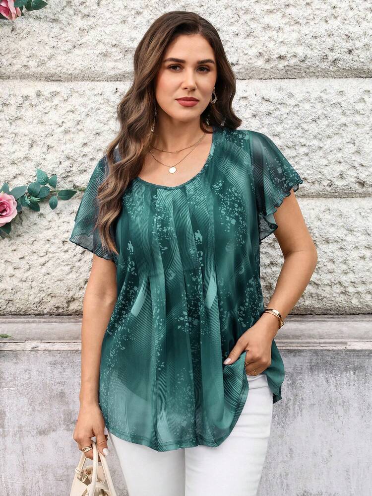 Plus Size Women Summer Vacation Round Neck Ruffle Trim Short Sleeve Floral Print  Green  Blouse Top Shirt,Summer\Vacation,Summer Holiday,Spring Break Outfits ,Vacation Outfits Women ,Holiday Outfits For Women,Going Out Outfits,2026 New Clothes,Simple And Fashionable For Everyday Wear,Suitable For Summer, Vacation, Daily Wear, Green Blouses For Women, Teal Tops, Green Summer Top