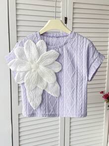 SHEIN Tween Girls' Casual Elegant Rhinestone Handmade 3D Floral Decor Round Neck Raglan Sleeve Textured Loose Knit T-Shirt Lilac Girls Top Girls Flower Shirt Textured Jacquard Sweater Short Sleeve,Kids - Mauve Purple - View 5