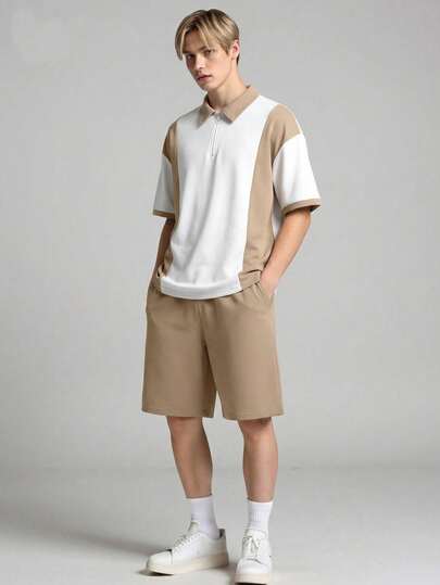 Vacaura Set de 2 piezas Camisa polo con bloqueo de color y cremallera para adolescentes varones, adecuado para uso diario, ocio, deportes y uso escolar