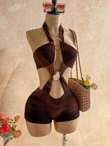 Soleia New Casual Vacation Western Beach Wedding Guest Attire, Graduation Brunch, St. Patrick's Day, Spring Break, Easter, Music Festival, Elegant Boho Tropical, Valentine's Day, Christmas Sexy Backless Halter Gradient Metallic Cutout Jumpsuit For Women - Multicolor - View 4