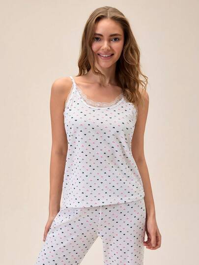 Loomlin Women Cotton 2Pcs Contrast Colour Lace Detail V Neck Colourful Polka Dot&Heart Pattern Sleep Top& Long Sleep Pants Homewear Comfort Casual Lounge Pajama Set Pajama Sets For Women Sleeveless Pijama Set For Woman 100 Cotoon Tank Top Pajama Set Sleep Wear Women Summer Pajamas Set For Woman