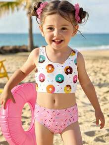 SHEIN Young Girl Casual Minimalist Donut Print Camisole & Triangle Bikini Swimwear Set, Suitable For Summer - Multicolor - View 1