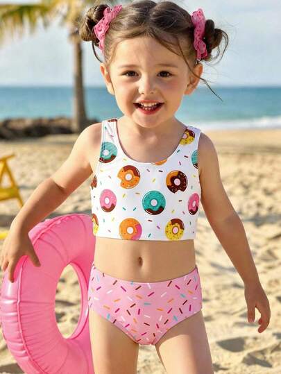 SHEIN Young Girl Casual Minimalist Donut Print Camisole & Triangle Bikini Swimwear Set, Suitable For Summer