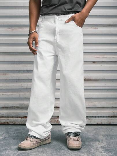 Modcrash White Design Flared Straight Leg Jeans, Casual Loose Fit Pants For Men