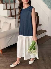 DAZY 少女圆领无袖撞色蕾丝牛仔连衣裙，秋季 - 藍色 - 查看 3