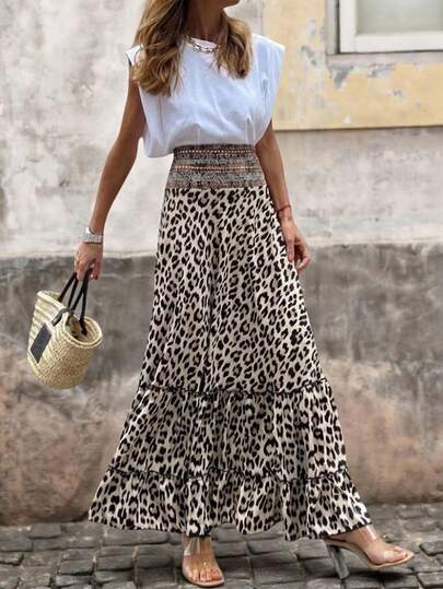 Brillora Minifalda plisada casual y versátil con estampado de leopardo para citas y salidas