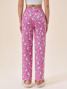 Loomlin 100%纯棉可爱休闲女式粉色兔子图案假抽绳弹力高腰长款舒适睡裤 - 粉色 - 查看 2