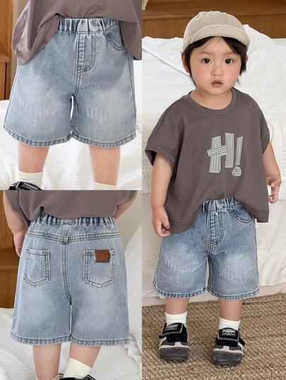 SHEIN Baby/Toddler Boys' New Fashion Distressed Retro Light Blue Denim Long Jeans Shorts Bermuda With Patch Spring Summer,For Baby Spring/Summer Dailywear Outfits,Boys Streetwear Outfits,Boys Beach Outfit,Vacation Boho Outfits For Baby,Casual Jeans For Boys,Graphic Short,Toddler Short,2-Year-Old Boys Shorts ,Summer Short,Casual Short