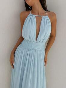 Aloruh 女士优雅镂空系带露背宽松纹理雪纺纯色连衣裙，适合海滩度假 - 淺藍色 - 查看 4
