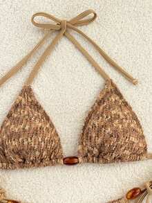 Costavie 2026 Spring/Summer Multi-Color Special Fabric Women's Swimwear, Spaghetti Strap Halter Solid Color Sexy Side Tie Bikini Bottom Two-Piece Swimwear Boho Bikini Set Bikini Set Vacation Crochet Bikini Set Brown Bikini Set Two Piece Beach Set Snake Print Bikini Brown Bathing Suit Women Brown Two Piece Set Women - Multicolor - View 4