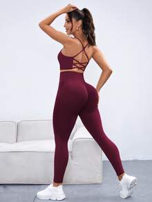 Rhythm Era Bộ đồ thể thao yoga, tập luyện, tập thể dục không đường may, co giãn cao cấp, gồm áo ngực và quần legging, cỡ lớn, không lưng, ôm sát. - Màu Đỏ Sâu - Xem 4