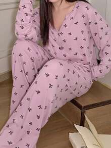 Dazy Plus 2pcs/Set Casual Bow Print Loose Fit Top And Pants Pajama Set, Plus Size Women Spring/Autumn - Pink - View 5
