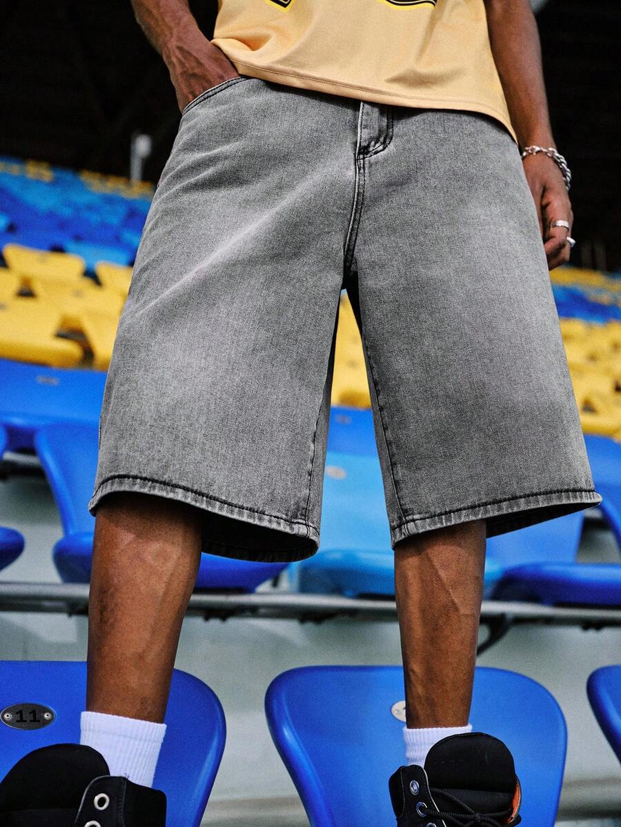 EVRINFINITE Quần short Bermuda denim ống rộng dáng rộng dành cho nam, kiểu Emo, dáng rộng thùng thình, quần jeans ngoại cỡ. - Xám - Xem 1