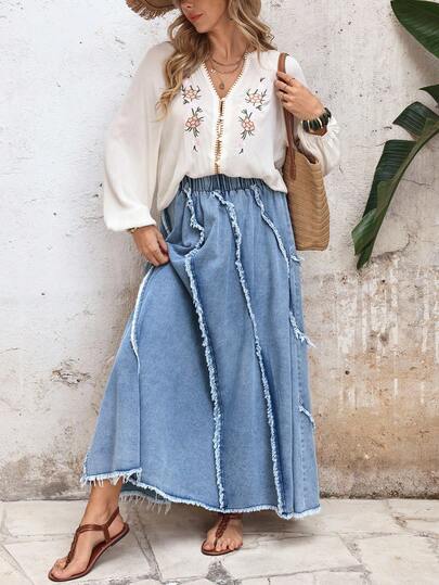 EMERY ROSE 度假休闲水洗毛边长款牛仔裙