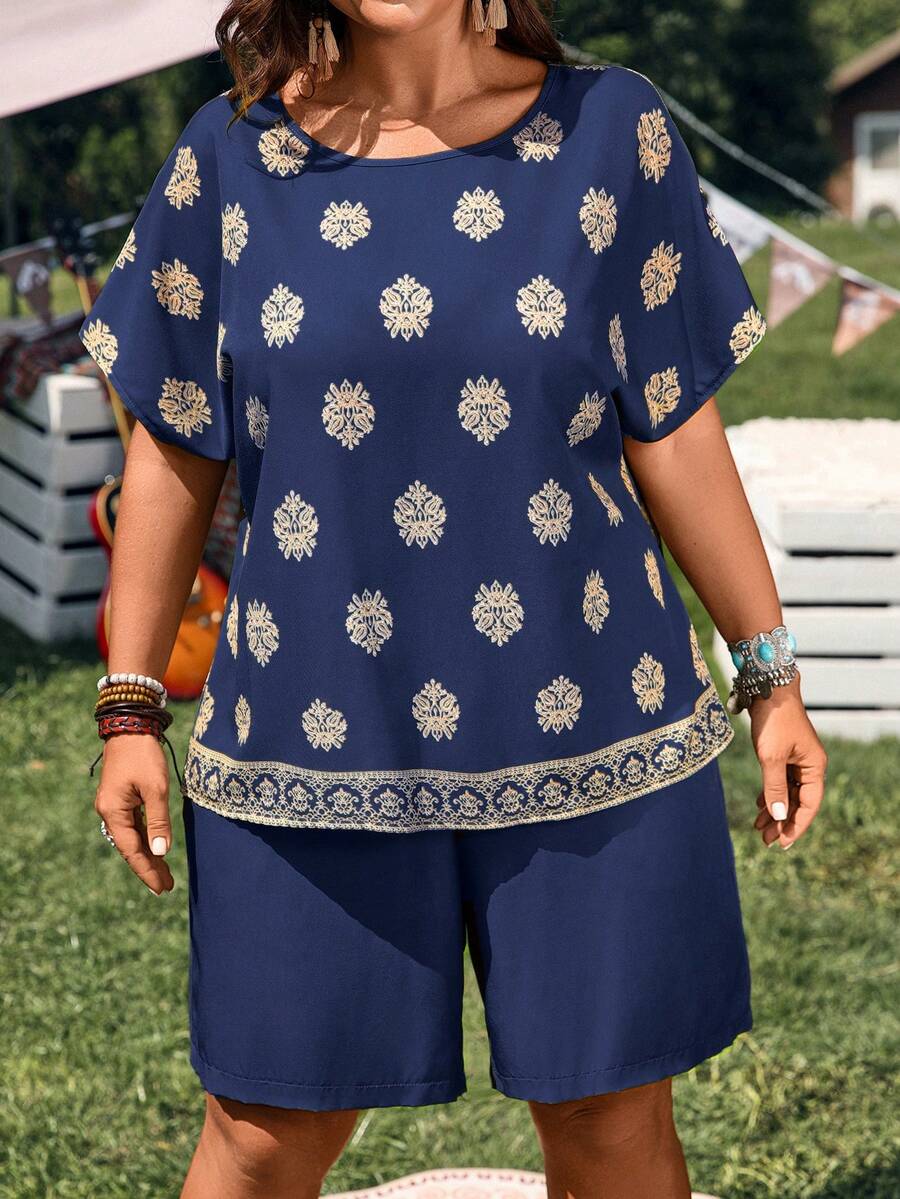 EMERY ROSE 大码女式印花短袖衬衫和短裤休闲两件套 - 藏蓝色 - 查看 1