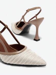 秋冬女士高跟尖头时尚褶皱后跟带鞋，优雅派对鞋 - 米色 - 查看 4
