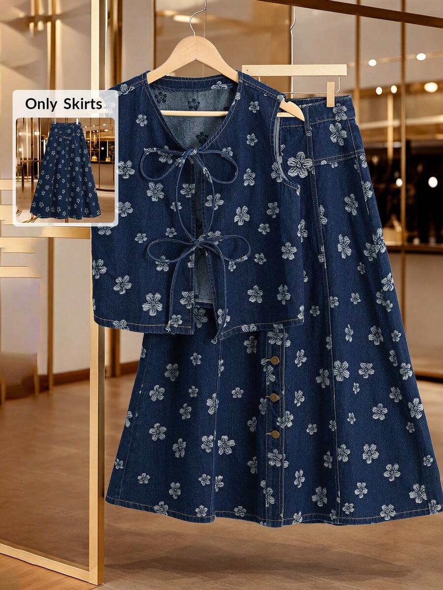 GlowEve Women's Casual Vacation & Commute Full Floral Print Single-Breasted Denim A-Line Skirt - Blue - View 1