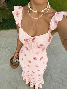 SHEIN MOD 女士浪漫碎花短袖连衣裙，适合正式场合、约会之夜、新年、情人节、优雅场合，也可作为沙滩装、度假装、乡村音乐会服装、春季服装或下午茶礼服穿着。 - 粉色 - 查看 4