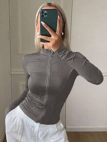 DAZY 女士长袖修身休闲运动开衫上衣，街头风轻薄夏季外套 - 灰色 - 查看 3