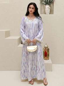 Yasmyna 女士扎染贴花装饰长袖阿拉伯传统长裙 - 紫色 - 查看 4