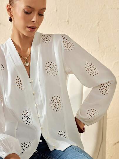 Bóhologie Women's White Boho Embroidered Balloon Sleeve Blouse – V-Neck Eyelet Button Down Peasant Top, Loose Fit Cotton Vintage Chic Shirt Eyelet Blouse White Blouse For Women White Long Sleeve Blouse Eyelet Top For Women White Eyelet Blouse