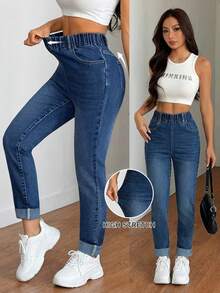 SHEIN Tall Women's Summer Casual High Waist Elastic Waist Denim Jeans Blue Stretch Slim Fit Tapered Pants With Pockets & Cuffed Hem Perfect For Daily & Streetwear Outfits Women's Casual Elastic Waist Pockets Versatile Daily Wear Jeans - Dark Wash - View 1