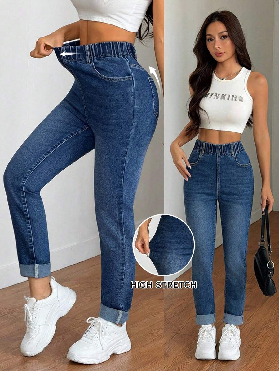 SHEIN Tall Women's Summer Casual High Waist Elastic Waist Denim Jeans Blue Stretch Slim Fit Tapered Pants With Pockets & Cuffed Hem Perfect For Daily & Streetwear Outfits Women's Casual Elastic Waist Pockets Versatile Daily Wear Jeans - Dark Wash - View 1