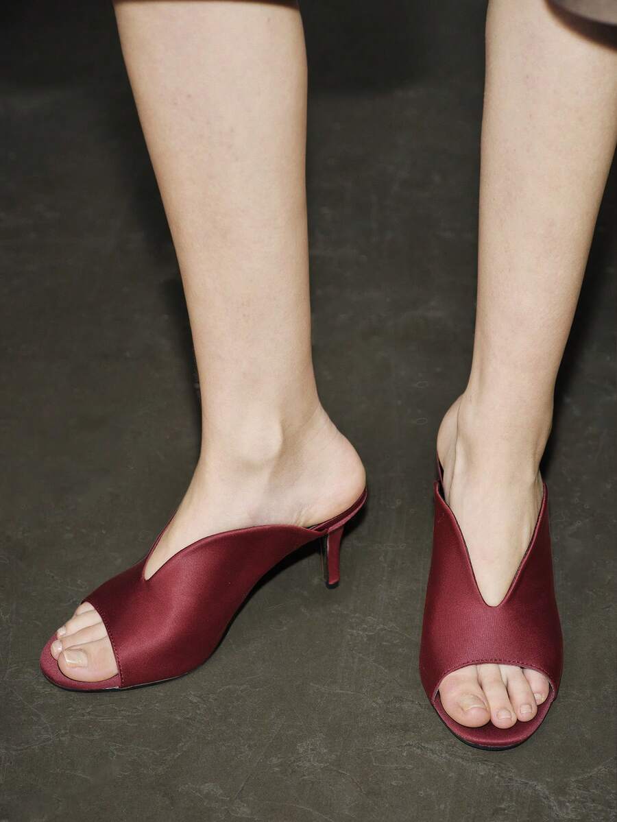 春夏酒红色女士高跟凉鞋，露趾V型开口拖鞋，露趾V型开口乳胶布凉鞋 - 酒紅色 - 查看 1
