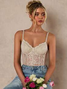 Glamine 优雅性感蕾丝拼接连体衣 - 杏色 - 查看 4