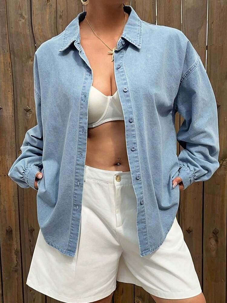 Dazy Plus Light Wash Blue Back Slit Tie Design Casual Loose Denim Blouse Shirt, Suitable For Work & Commute, Spring/Summer