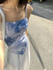 DAZY 女士 Y2K 扎染印花不对称下摆吊带背心 - 藍色 - 查看 6