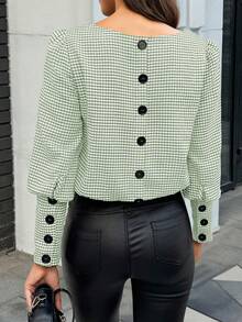秋冬女式格子泡泡袖优雅衬衫，后背单排扣衬衫 - 綠色 - 查看 1