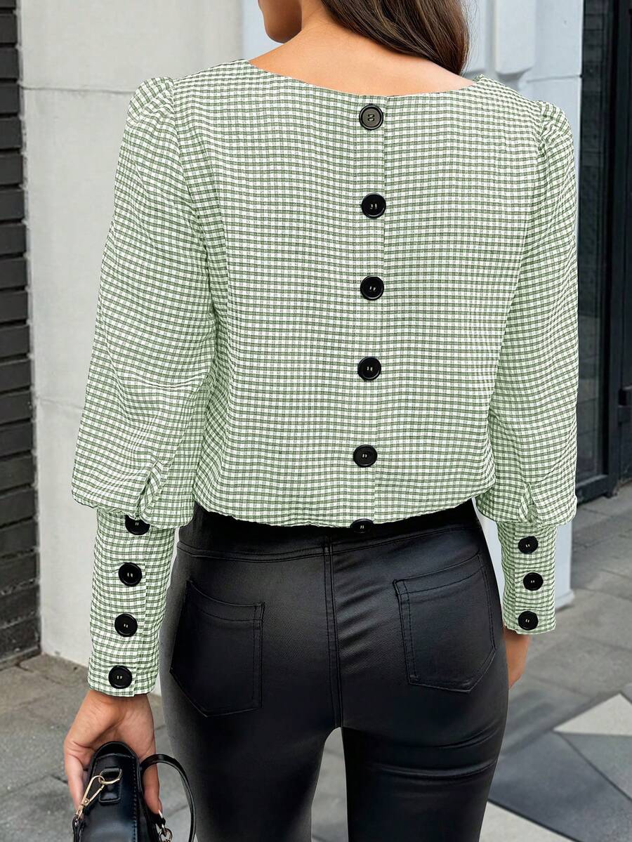 秋冬女式格子泡泡袖优雅衬衫，后背单排扣衬衫 - 綠色 - 查看 1