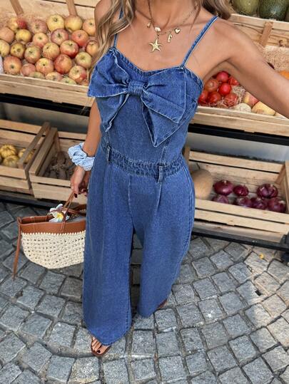 Selianne Women's Vacation Bow Decor Wide Leg Denim Bib Overalls