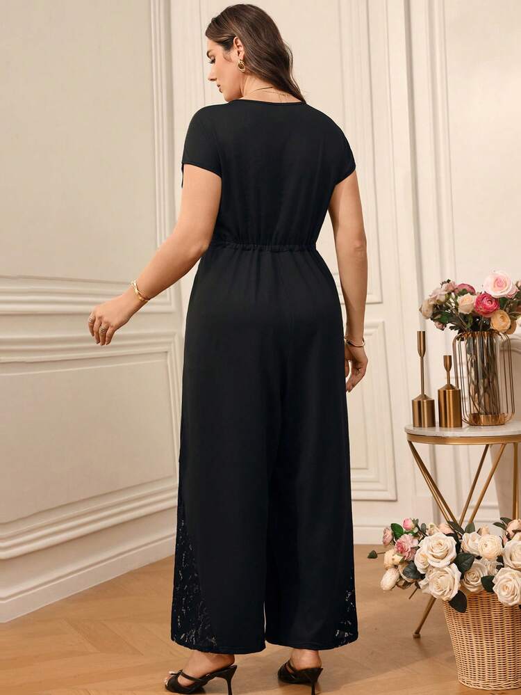 Plus Size Women V-Neck Lace Patchwork Jumpsuit,Summer Outfits,Spring Outfit,Party Outfit,Weddings & Events ,Going Out Outfits,Graduation Outfit For Mother,Formal Attire For Women,Work Outfits For Women Women Jumpsuit Casual Women Vacation Outfit Jumpsuits For Woman Summer Outfit For Women Jumpsuit