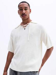 SUMWON Áo polo nam dáng regular fit màu kem, chất liệu dệt kim, tay ngắn, kiểu Henley, có dây buộc phía trước, thích hợp cho mùa hè. - trắng - Xem 4