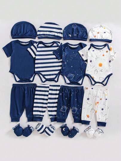 SHEIN Playful Pals 16件套新生男宝宝可爱太空条纹印花短袖连体衣、裤子、帽子、手套套装，春夏款