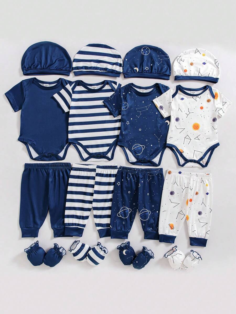 SHEIN Playful Pals Bộ 16 món/Bộ đồ liền thân tay ngắn in họa tiết sọc và không gian dễ thương cho bé trai sơ sinh, quần, mũ, găng tay, trang phục xuân hè - Màu xanh hải quân - Xem 1