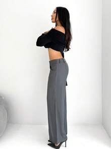 Shopreo Women Black Solid Color Commuter Casual/Fashionable Outing/Versatile Casual/Old Money Style Patch Pocket High Waist Loose Wide-Leg Pants, Suitable For Work/Office, Low-Waisted, Loose, Wide-Leg, Long Pants, For Autumn/Winter - Dark Grey - View 3