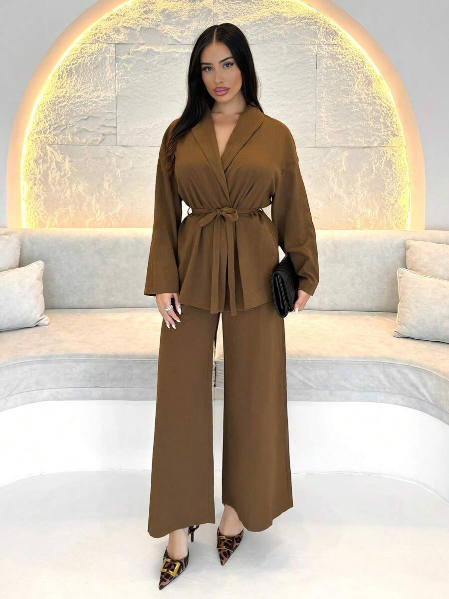 Shopreo Women Vintage Casual Vacation Office Round Collar Belted Loose Shacket And High Waist Loose Pants - Chocolate Brown - View 1