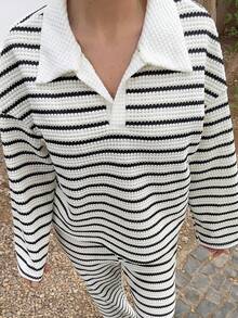 Marta Soriano 女士 2 件套宽松条纹 V 领落肩长袖 T 恤和松紧腰条纹裤，冬季毛衣套装，秋冬 - 黑與白 - 查看 5