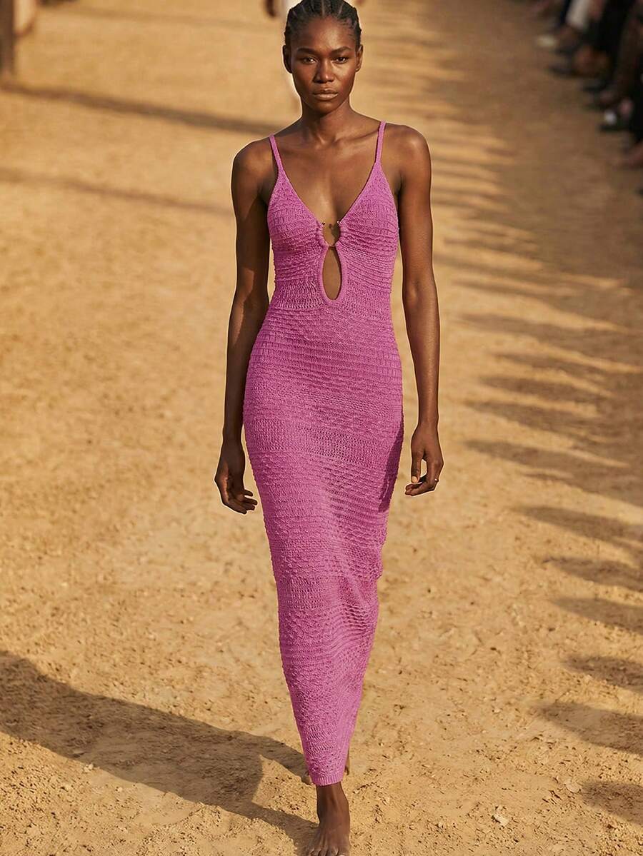 Maija 夏季米色圆形金属扣优雅现代针织连衣裙，适合度假、假日、商务休闲、海滩婚礼、情人节派对、复古、90年代、波西米亚风格等场合。 - 玫紅色 - 查看 1