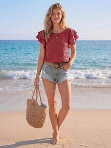 EMERY ROSE Women Summer Solid Color Round Neck Short Flounce Sleeve Loose Pleated Blouse - Pink - View 3