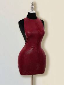 SHEIN ICON Y2K Women's Mardi Gras Sexy Festiva Burgundy Concert Party Club Coachella Maroon Solid Color Round Neck Sleeveless Fitted Backless Mini Dress, Summer - Burgundy - View 6