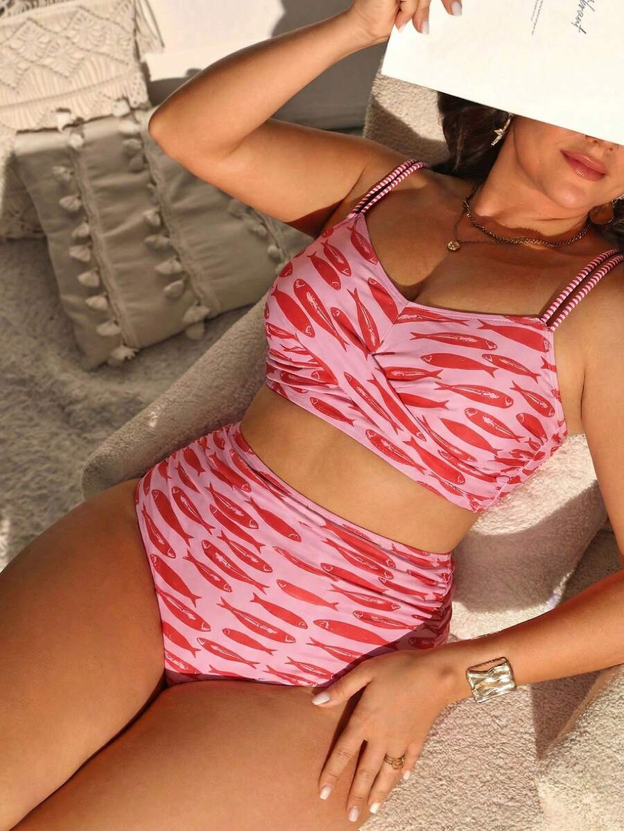 SHEIN Swim Vcay 2026新款女士随机印花圆领沙滩泳装套装，大码，春夏款 - 彩色 - 查看 1