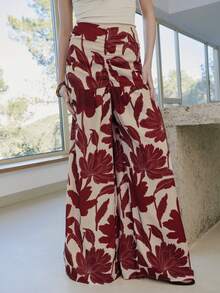 Nöista Quần ống rộng cạp cao, dáng chữ A, in họa tiết hoa đỏ. Được làm từ chất liệu chiffon nhẹ, mềm mại, đây là món đồ không thể thiếu trong tủ đồ đi nghỉ mát mùa xuân/hè của bạn. Phong cách Bohemian, quần đi biển. - Đỏ - Xem 5