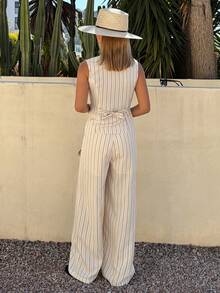 DAZY Women's Casual Striped V-Neck Faux Pocket Camisole And Wide Leg Pants 2-Piece Set, Spring/Summer Short Sets For Women - Beige - View 2