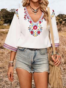 EMERY ROSE Western Loose V-Neck Short Sleeve Embroidered Top For Women - White - View 4