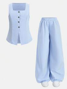 SHEIN Tween Girl Casual Elegant Commute Street Chic Jacquard Striped Button Front Sleeveless Vest Top And Straight Leg Pants Set Summer Outfits - Blue and White - View 2